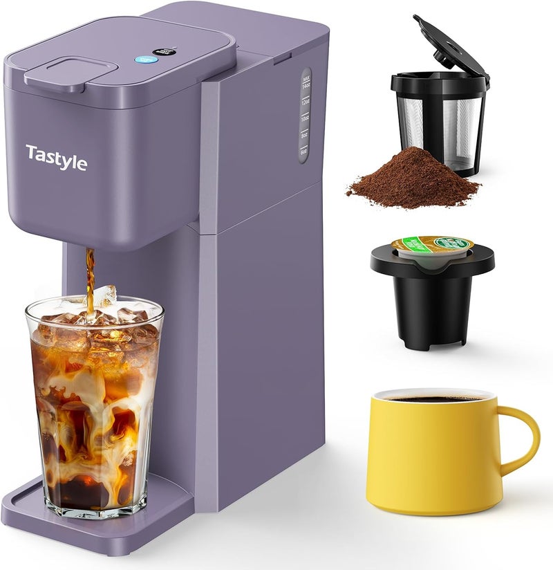 Tastyle Mini Hot and Iced Coffee Maker Single Serve, for K Cup and Ground, 6 to 14 Oz Brew Sizes, with Recipe Book, for Home, Travel, RV, Office and Dorm, Violet - Image 1